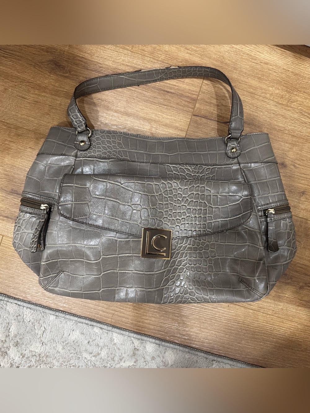 Lauren Conrad LC Croc-Embossed Gray Tote Bag with Gold Hardware